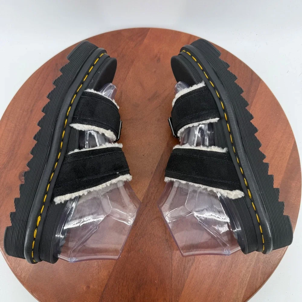 Dr. Martens Myles Suede Faux Shearling Lined Sandal Black Platform Slide Women 8